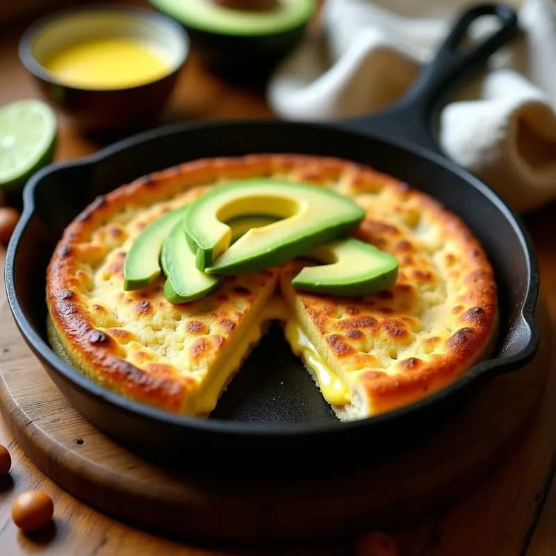 Arepa venezolana dorada y crujiente en sartén, abierta por la mitad y rellena de láminas de queso de mano derretido y aguacate en rodajas sobre fondo rústico de madera.