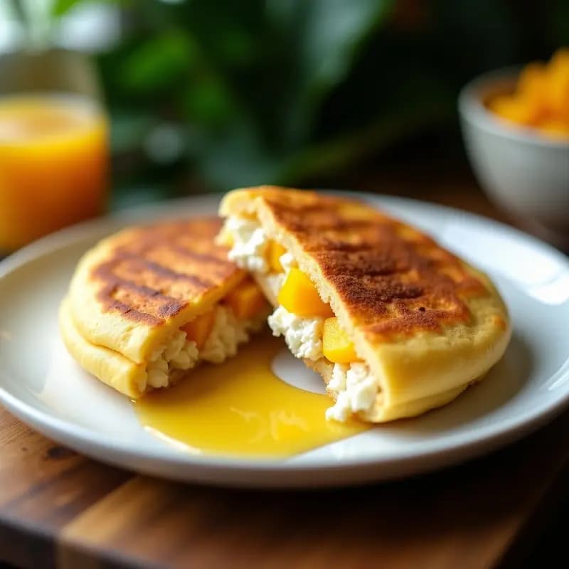 Arepa venezolana dorada y esponjosa abierta por la mitad, rellena de queso de mano derretido y cubos de mango maduro jugoso, espolvoreada con semillas de sésamo tostadas sobre un plato de barro rústico.