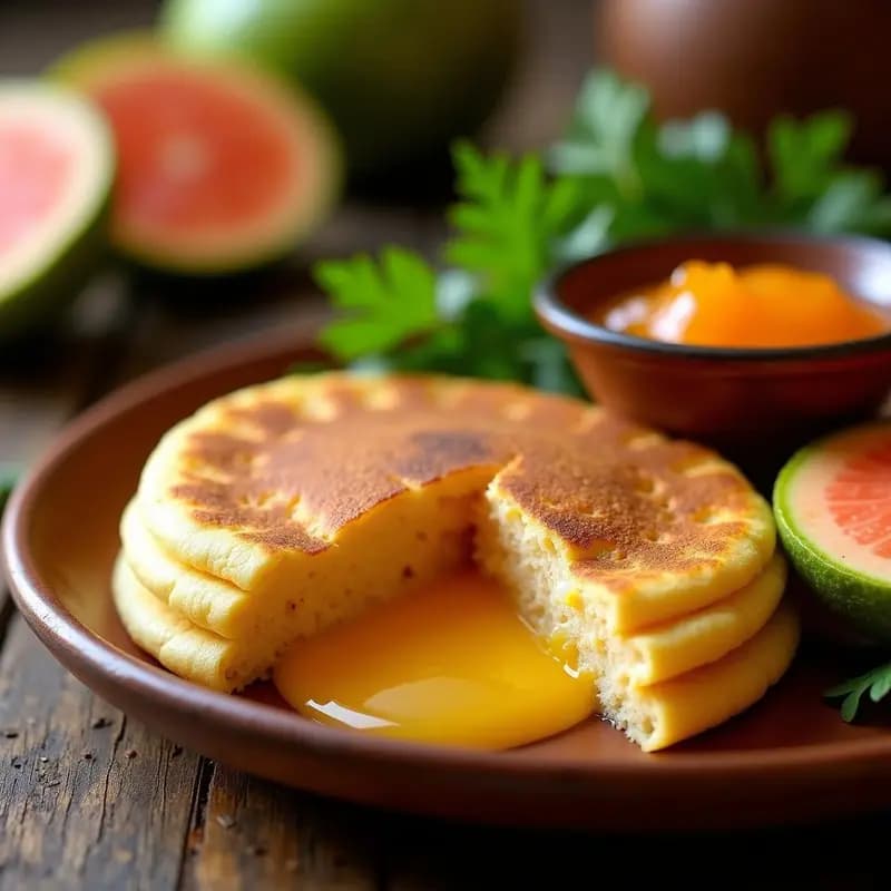 Arepa dorada recién horneada con queso de mano derretido en su interior, acompañada de mermelada de guayaba brillante y un toque de hierbas frescas, servida en plato rústico de barro.