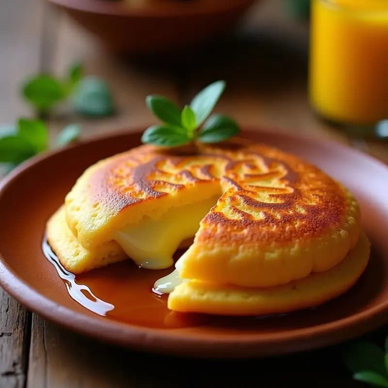 Arepa dorada y crujiente rellena de queso de mano fundido, con un glaseado brillante de zumo de caña reducido, servida en un plato de barro rústico con fondo de madera oscura, receta venezolana tradicional para desayunar.