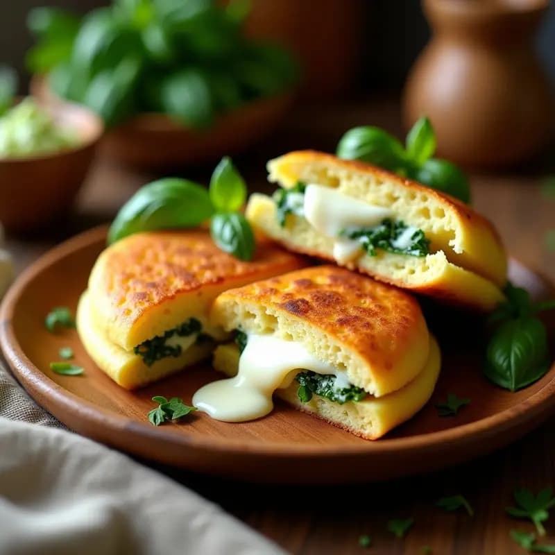 Arepa colombiana dorada y crujiente rellena de queso mozzarella derretido y hierbas frescas, servida en un plato de madera con fondo rústico. Receta rápida en Airfryer.