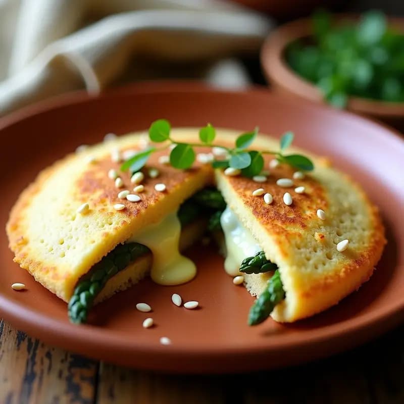 Arepa dorada y esponjosa de quinoa y espárragos con queso de almendras derretido, servida en plato rústico de barro con rodajas de aguacate y perejil fresco. Desayuno andino sin gluten.