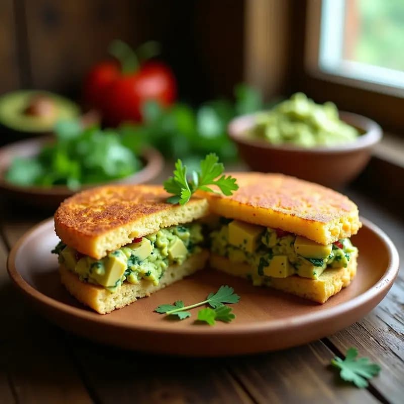 Arepa de quinoa y espinacas rellena de guacamole, receta colombiana keto y sin gluten, servida en plato de madera con decoración de hojas de cilantro.