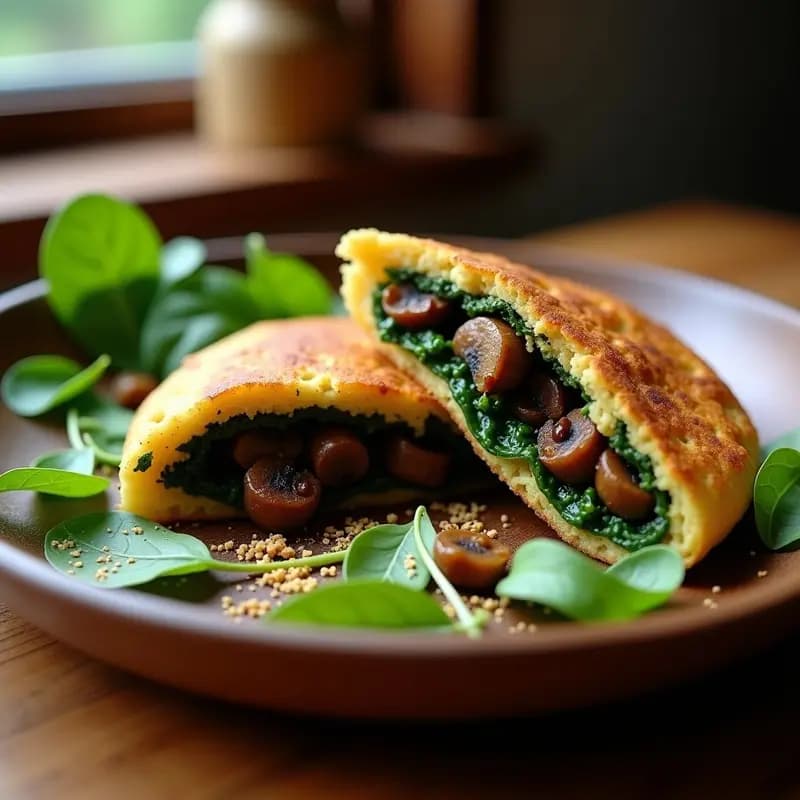 Arepa dorada de quinoa y espinacas abierta por la mitad, rellena de hongos shiitake salteados con cebolla morada, sobre un plato de madera rústico. Receta colombiana sin gluten.