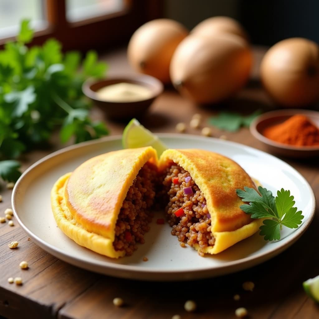 Arepa dorada de quinoa y ñame cortada por la mitad, rellena de pull jack cremoso y perejil fresco, sobre un plato de madera con fondo rústico. Desayuno colombiano sin gluten.