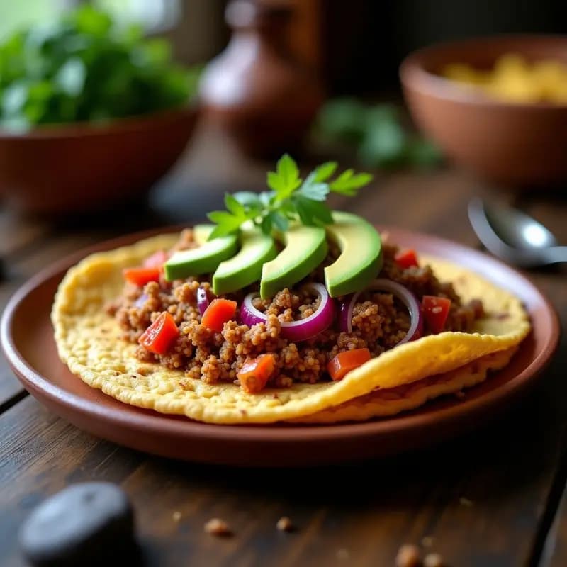 Arepa dorada de quinoa abierta por la mitad, rellena de un jugoso pabello criollo de seitán con pimientos, cebolla y tomate, coronada con láminas de aguacate verde. Plato típico venezolano alta en proteína, servido en un plato de barro con cilantro fresco.