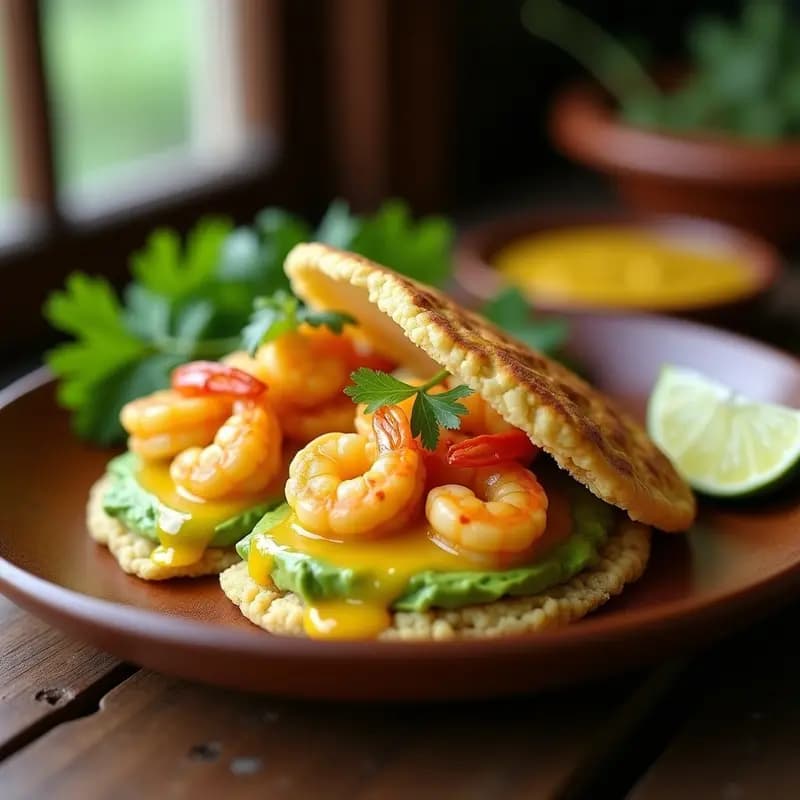 Arepa dorada de quinoa cortada por la mitad, rellena de palta cremosa y camarones jugosos al ají amarillo, servida en un plato de madera rústico con hojas de cilantro fresco y rodajas de limón al lado. Receta keto peruano-colombiana.