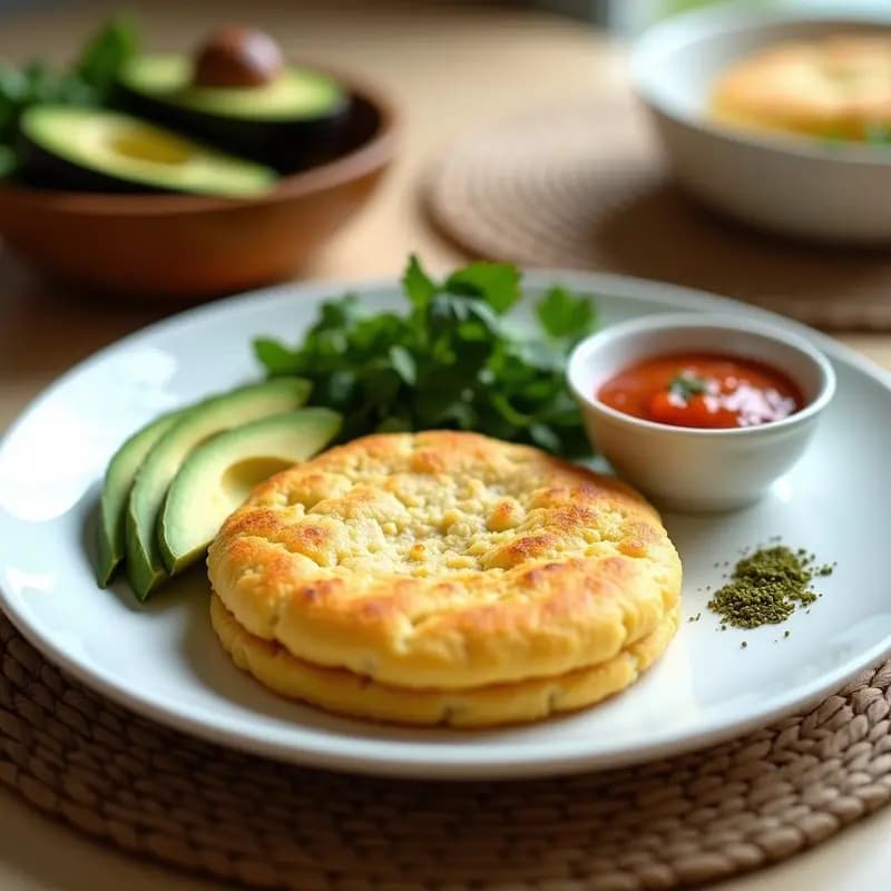 Arepa dorada de quinoa y queso de soja, sin gluten y sin lactosa, servida en un plato blanco con aguacate en rodajas y cilantro fresco. Receta colombiana saludable y alta en proteína.