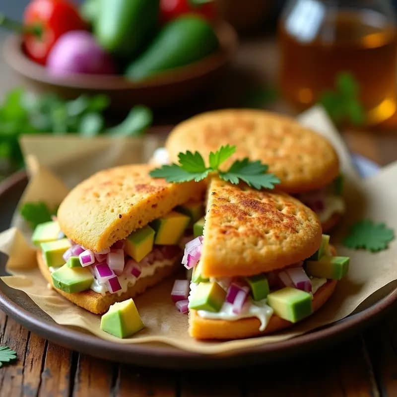 Arepa de quinoa y queso vegano dorada y crujiente, cortada por la mitad y rellena de cebolla morada y pimiento rojo salteados, servida sobre un plato de barro con aguacate en rodajas.
