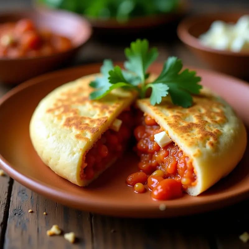 Arepa dorada y esponjosa rellena de hogao rojo intenso y queso de Auvoix cremoso derritiéndose, servida en plato rústico con fondo de madera oscura.