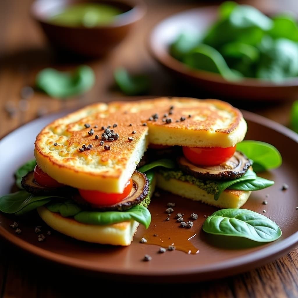 Arepa dorada y crujiente rellena de láminas jugosas de hongo portobello asado, pesto de albahaca verde vibrante, tomates cherry rojos y hojas de espinaca fresca, servida en un plato rústico de madera con fondo difuminado.