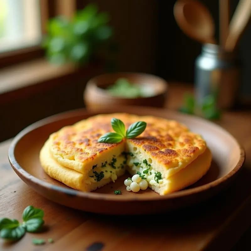 Arepa colombiana dorada y crujiente rellena de queso de manos desmenuzado y pabla fresca, servida en plato rústico con fondo de cocina tradicional.