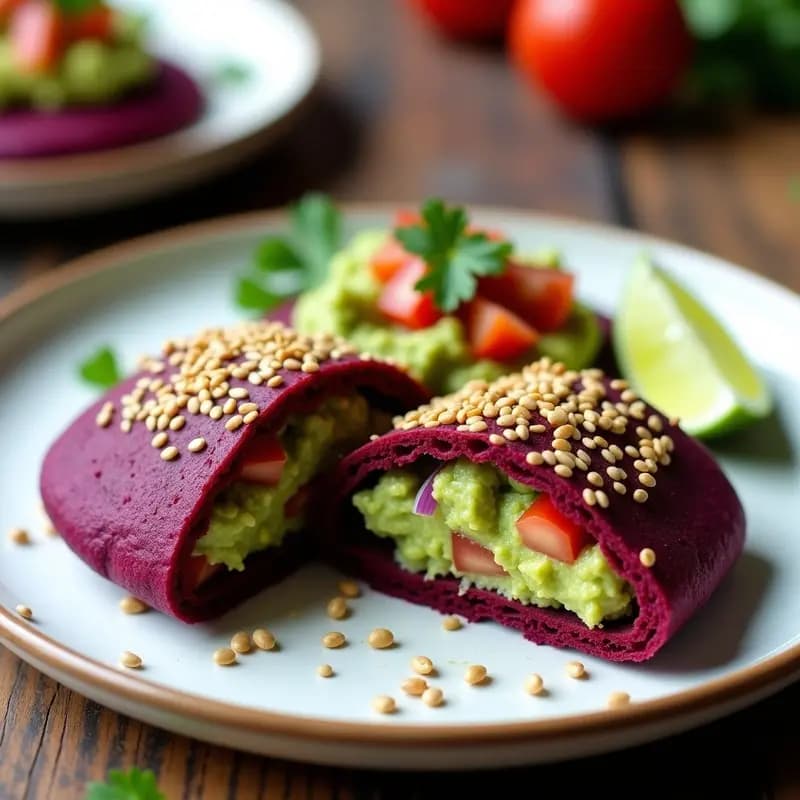 Arepa de remolacha y quinoa cortada por la mitad, rellena de guacamole cremoso con trocitos de tomate y cebolla morada, espolvoreada con semillas de sésamo. Plato vibrante con tonos rosas, morados y verdes, servido en un plato blanco sobre fondo rústico.