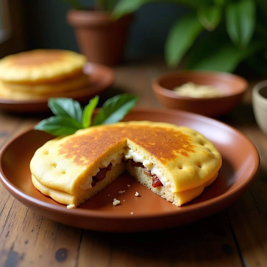 Arepa dorada de harina de sorgo cortada por la mitad, rellena de una crema beige de queso de almendras y trocitos de dátiles, sobre un plato de barro con hojas de plátano de fondo, receta colombiana keto y sin gluten.
