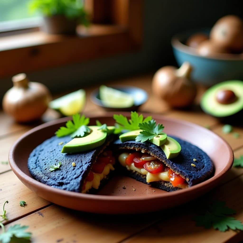 Arepa vegana de maíz azul cortada por la mitad, rellena de champiñones portobello ahumados, cebolla morada y pimiento rojo salteados, acompañada de rodajas de aguacate y cilantro fresco sobre un plato de barro rústico.