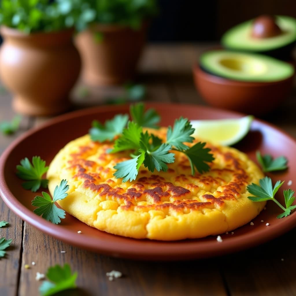 Arepa vegana de ñame dorada y crujiente por fuera, con textura esponjosa por dentro, servida en un plato de barro con cilantro fresco y rodajas de limón. Receta colombiana sin gluten ni lactosa.