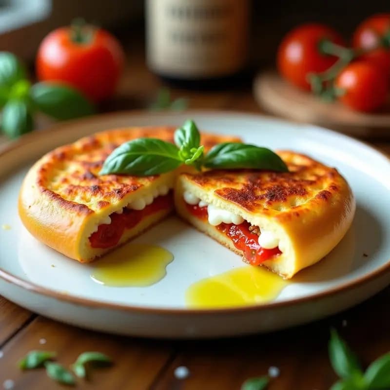 Arepa Venezia Colombiana dorada y crujiente por fuera, cortada por la mitad mostrando el relleno fundido de queso mozzarella y trocitos de tomate seco, servida en un plato de madera con hojas de albahaca fresca.