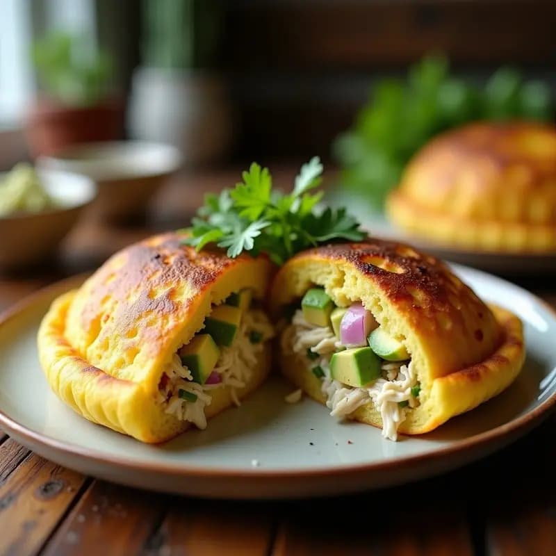Arepa venezolana de maíz amarillo dorada y crujiente, rellena de pollo desmenuzado, aguacate en cubos y una mezcla cremosa de mayonesa con mostaza, servida en un plato de madera rústico con cilantro fresco como decoración.