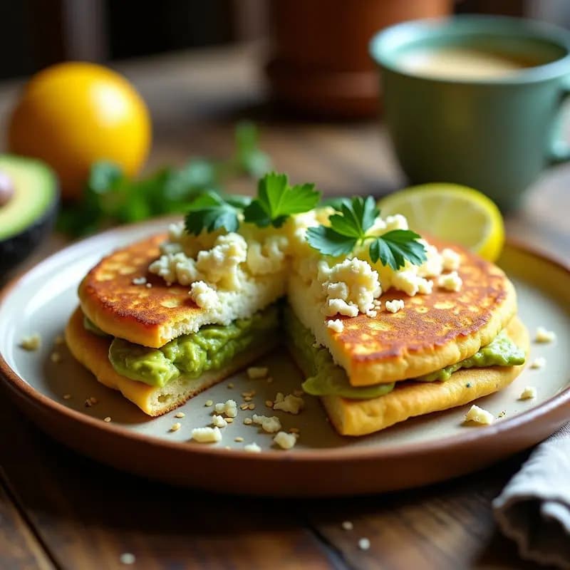 Arepa venezolana dorada y crujiente rellena de queso blanco desmenuzado y crema de aguacate verde, decorada con cilantro fresco y rodajas de limón sobre un plato de barro rústico.