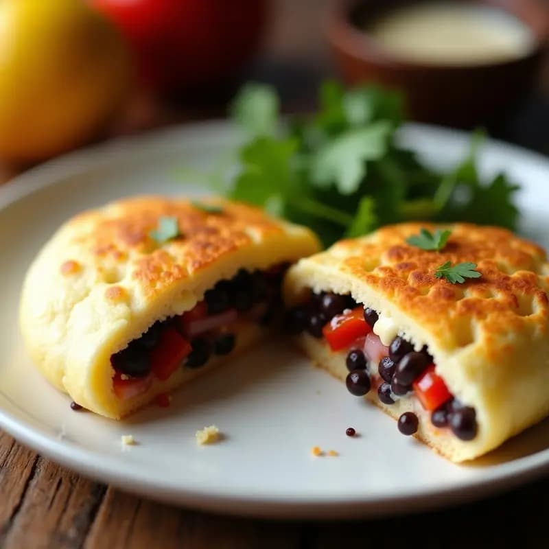 Arepa venezolana dorada y crujiente rellena de queso de mano derretido y caraotas negras sofritas con cebolla y pimentón, servida en plato rústico de barro con fondo de madera.