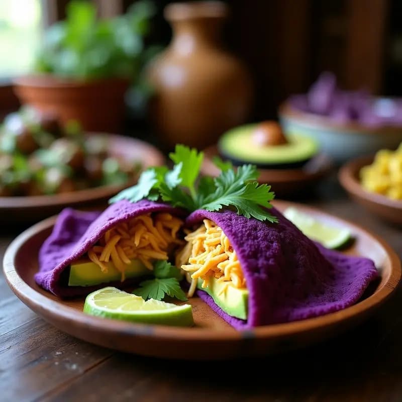 Arepa de yautía morada abierta mostrando su interior vibrante, rellena de pollo desmenuzado en adobo caribeño y trozos cremosos de aguacate, servida en un plato de madera rústico con hojas de cilantro fresco.