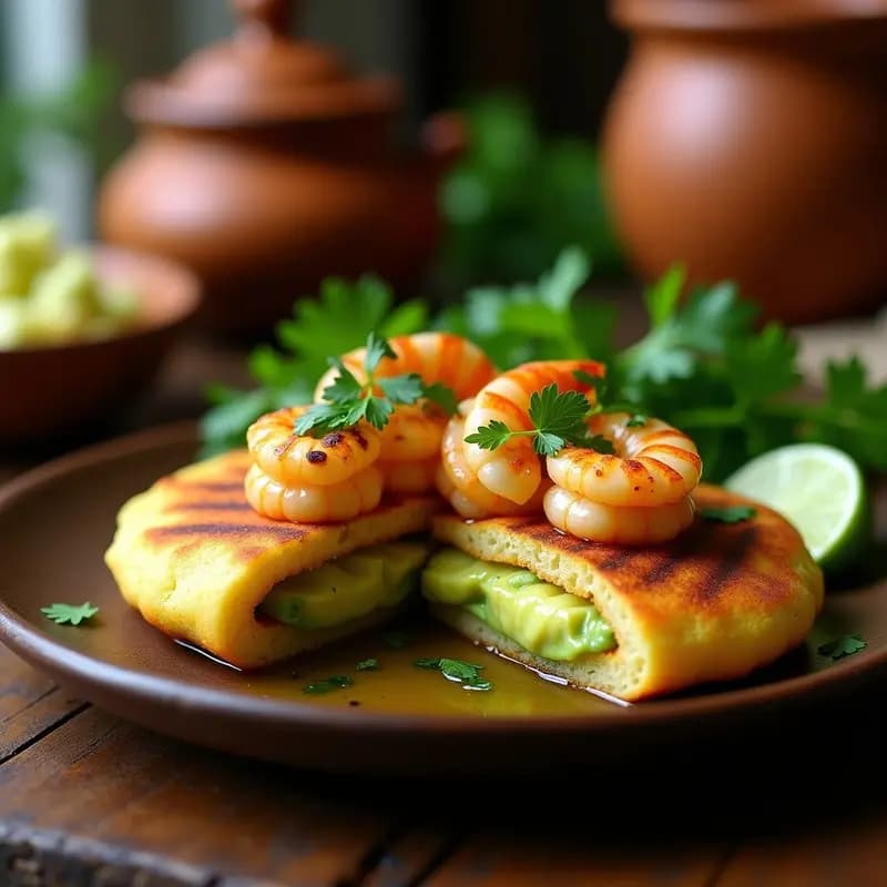 Arepa de yuca dorada y crujiente rellena de aguacate cremoso y camarones al ajillo, servida en plato rústico con perejil fresco y rodajas de limón, receta colombiana sin harina de trigo.