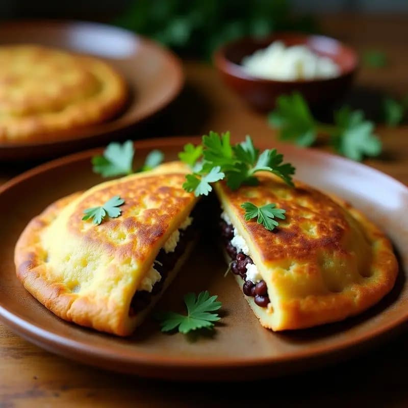 Arepa venezolana dorada de yuca rellena de caraotas negras estofadas y queso de cabra derretido, servida en un plato de barro con hojas de cilantro fresco.