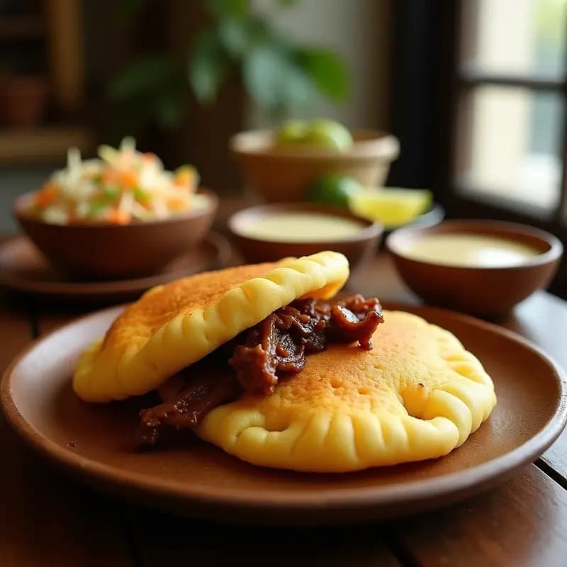 Arepa de yuca dorada y crujiente rellena de carita de cerdo desmenuzada, servida en plato rústico con hogao y rodajas de limón, receta colombiana auténtica.