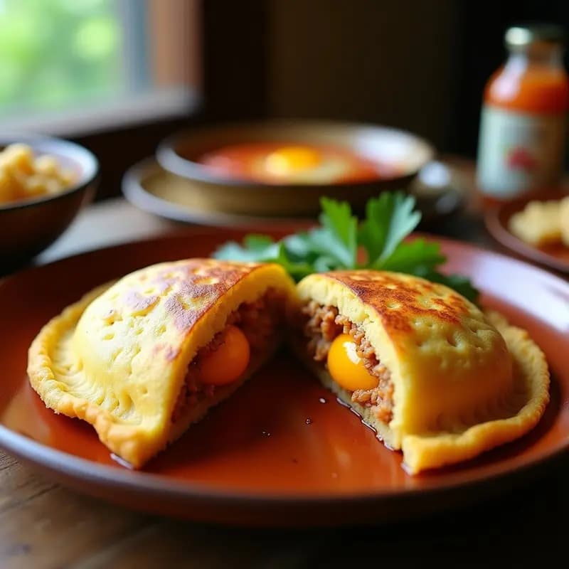 Arepa dorada y crujiente de yuca rallada rellena de carne desmechada y huevo cuajado, servida en un plato de barro con cilantro fresco, receta colombiana en airfryer.