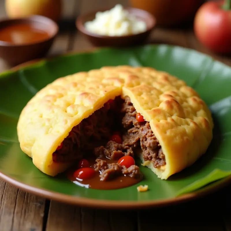 Arepa dorada de yuca abierta por la mitad, rellena de carne mechada oscura y jugosa, con trozos de pimiento rojo visible. Plato típico colombiano sin gluten, servido sobre hoja de plátano con fondo rústico.