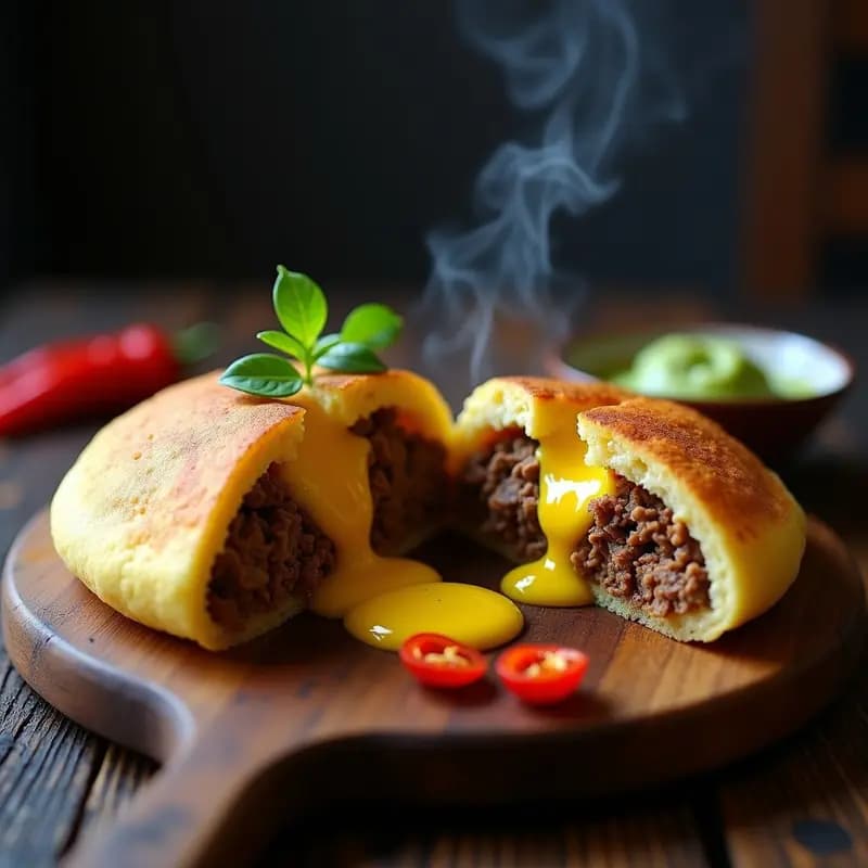 Arepa dorada de yuca rellena de carne mechada y queso amarillo derretido, cocinada en comal, con textura crujiente por fuera y esponjosa por dentro, acompañada de ají picante.