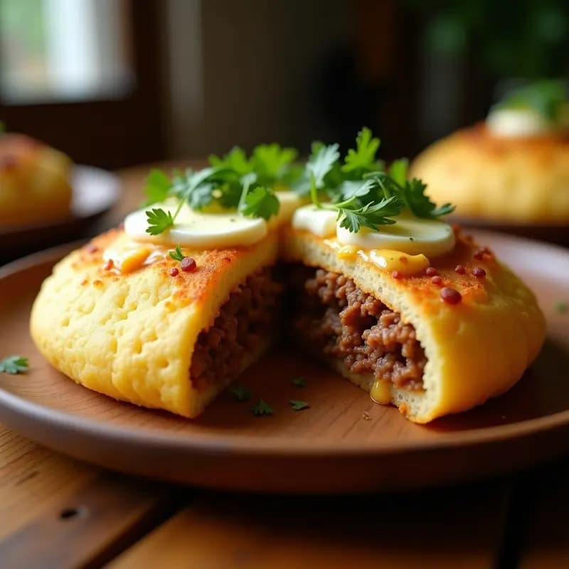 Arepa de yuca dorada rellena de carne desmechada en salsa criolla y queso gratinado, entrante colombiano sin harina, servida en plato rústico con cilantro fresco.