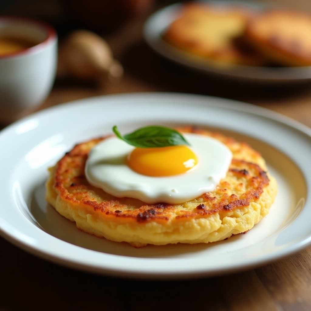 Arepa dorada de yuca y céil de coco keto servida en plato blanco, con textura esponjosa y toques de cilantro fresco, acompañada de rodajas de aguacate y huevo pochado en un desayuno colombiano saludable.
