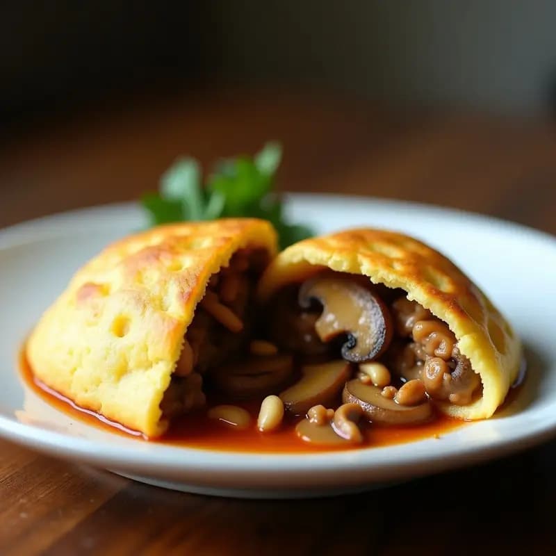 Arepa de yuca dorada y crujiente rellena de guiso de champiñones y anacardos, servida en plato blanco con perejil fresco. Receta colombiana vegana y sin gluten.