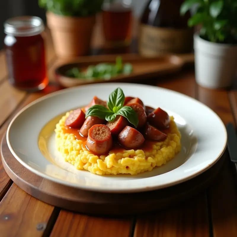 Arepa de yuca dorada y crujiente abierta en comal, rellena de chorizo criollo jugoso, cebolla morada y queso blanco desmenuzado, decorada con perejil fresco sobre fondo rústico de madera.