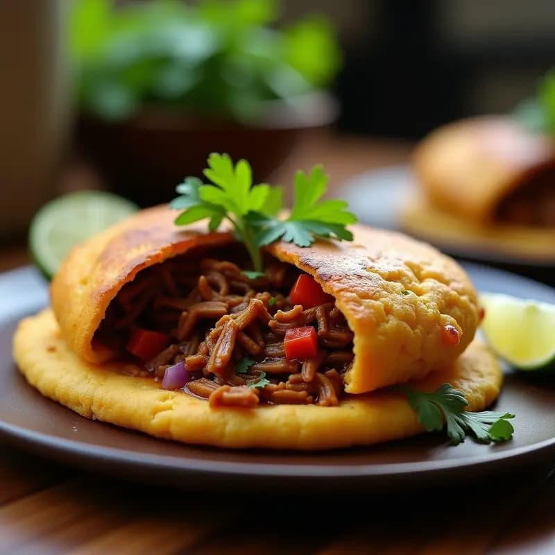 Arepa dorada de yuca rellena de desmechado de jackfruit marinado en especias ahumadas, decorada con cilantro fresco. Plato típico venezolano vegano y alto en fibra.