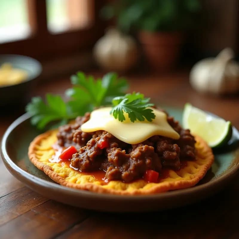 Arepa dorada de yuca rellena de desmenuzado de res jugoso y cubierta con queso guayanés derretido, servida en plato rústico con cilantro fresco y rodaja de limón, receta venezolana sin horno.