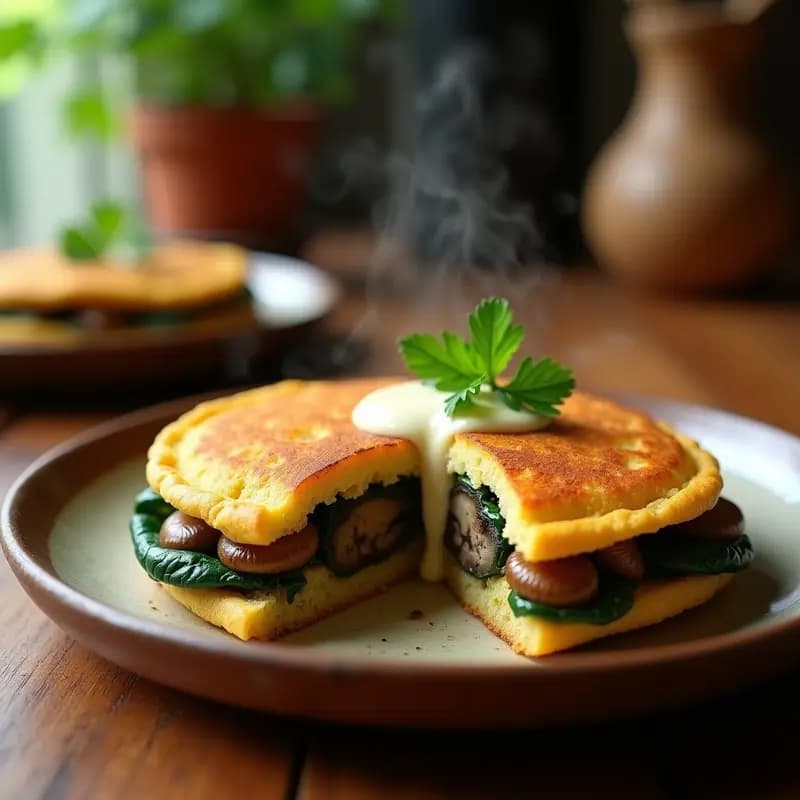 Arepa dorada y crujiente de yuca y espinacas rellena de hongo portobello salteado, servida en plato rústico con crema de anacardos y perejil fresco. Receta colombiana vegana en Airfryer.