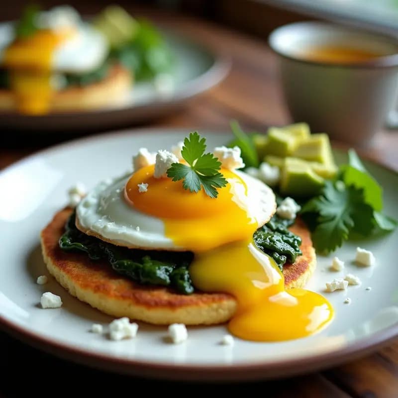 Arepa dorada de yuca y espinacas servida en plato blanco, coronada con huevo poché de yema líquida, queso feta desmenuzado y salsa cremosa de aji amarillo. Decorada con cilantro fresco y acompañada de rodajas de aguacate. Desayuno colombiano sin gluten.