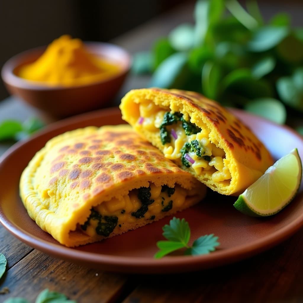 Arepa dorada de yuca y espinacas abierta por la mitad, rellena de pollo al cúrcuma con trozos de cebolla morada y cilantro fresco, servida en plato de barro con rodaja de limón al lado. Receta colombiana sin gluten y antiinflamatoria.