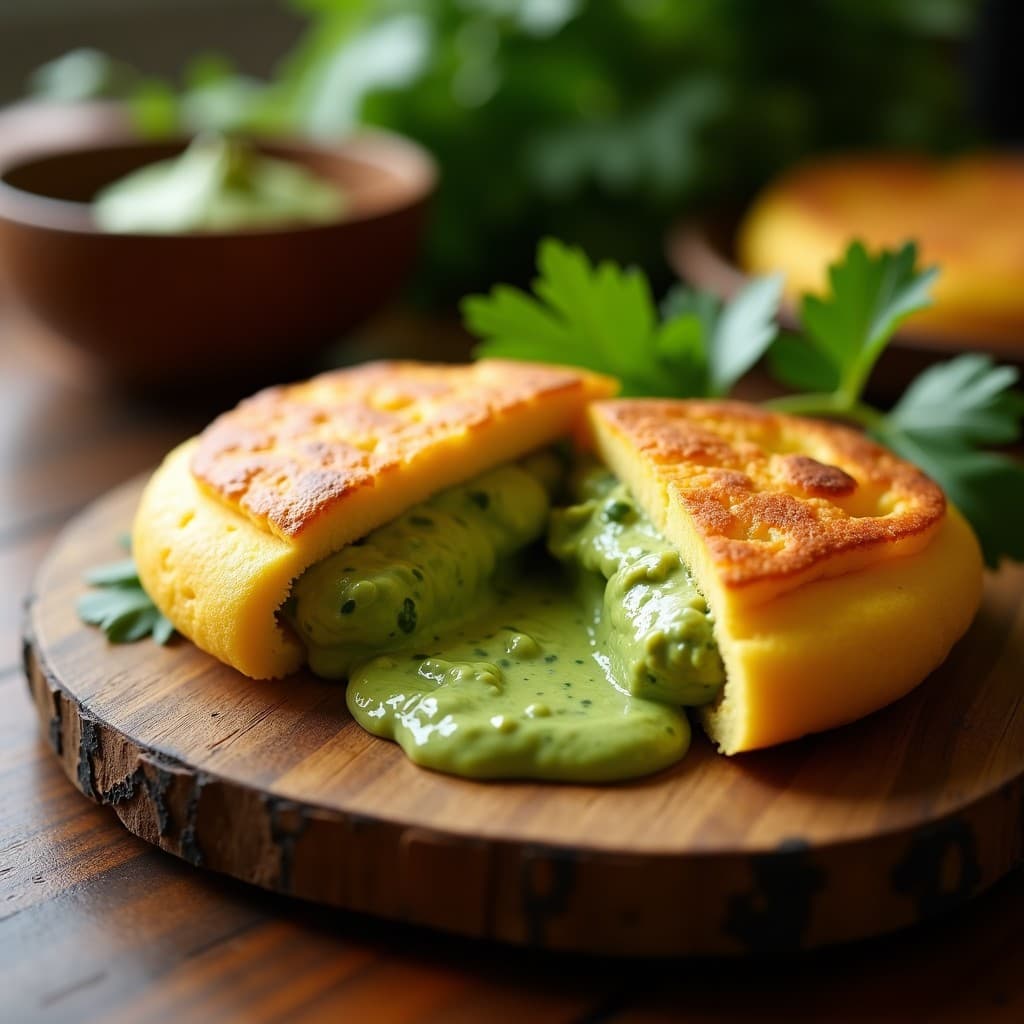 Apera de yuca dorada y crujiente cortada por la mitad, rellena de guasacaca de aguacate cremosa y verde, decorada con cilantro fresco sobre una bandeja de madera rústica. Receta colombiana sin gluten y vegana.