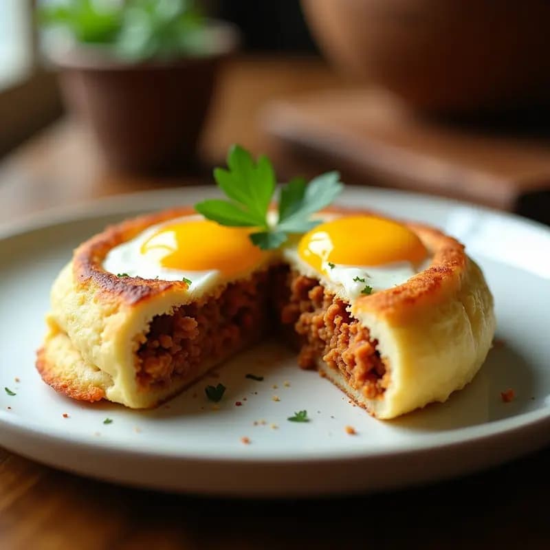 Arepa de yuca dorada y crujiente rellena de huevo cuajado y chorizo vegano desmenuzado, servida en un plato blanco con perejil fresco. Receta keto y sin gluten hecha en airfryer.