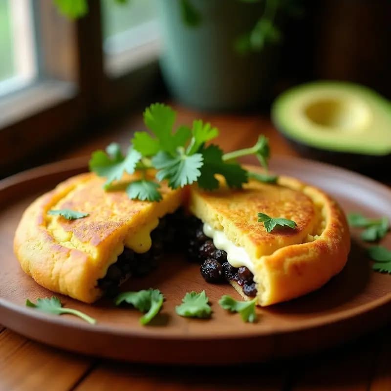 Arepa de yuca dorada y crujiente rellena de huitlacoche negro y queso Oaxaca derretido, servida en un plato rústico con cilantro fresco y aguacate en cubos. Receta fusion venezolana-mexicana en airfryer.