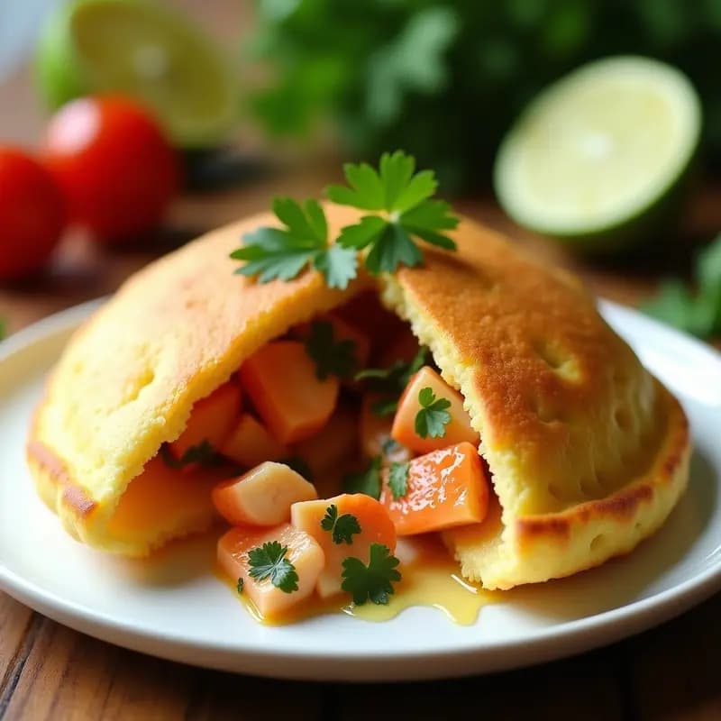 Arepa dominicana de yuca dorada y crujiente abierta por la mitad, rellena de langosta al ajillo con trozos visibles de ajo, cilantro y pimiento rojo, servida en un plato blanco rústico con fondo de cocina caribeña.
