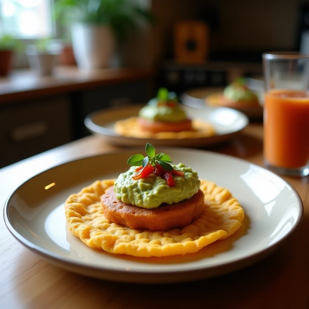 Arepa de yuca morada cortada por la mitad rellena de guacamole cremoso de color naranja claro con chili, decorada con semillas de sésamo y cilantro fresco, sobre un plato de barro rústico con fondo de madera oscura.