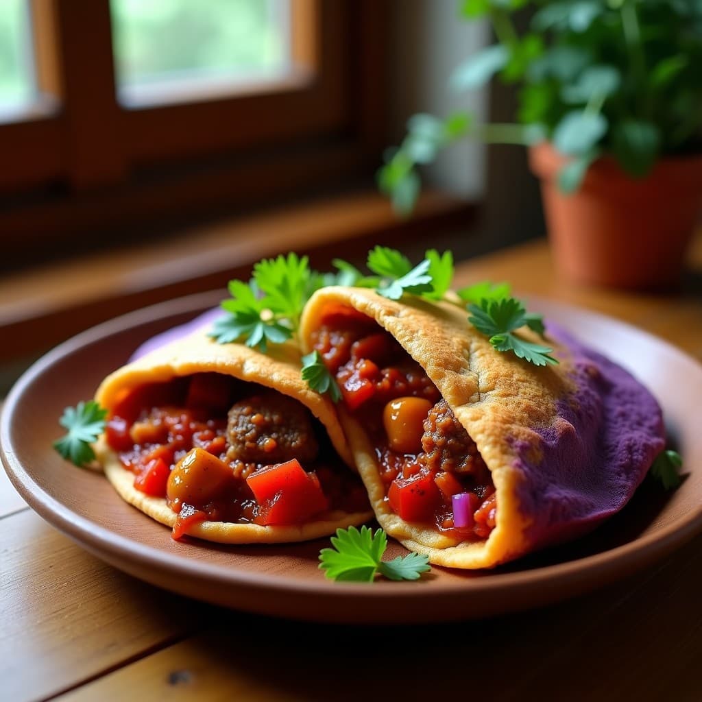 Arepa de yuca morada cortada por la mitad rellena de guiso de seitán en salsa espesa con trozos de cebolla y pimiento, decorada con cilantro fresco. Plato vegano y sin gluten preparado en Thermomix.