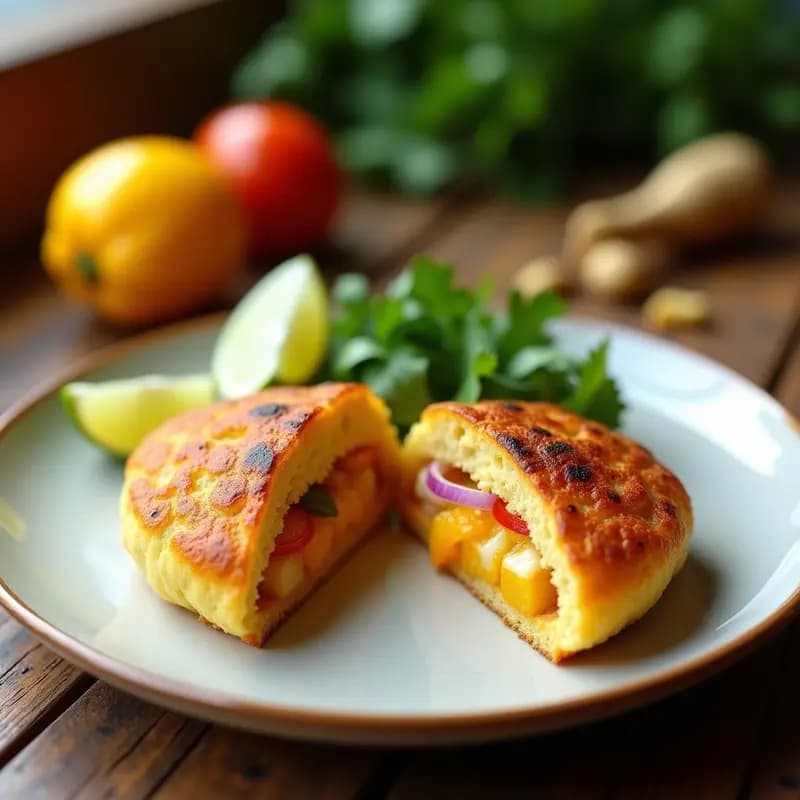 Arepa de yuca dorada y crujiente en airfryer, rellena de pescado desmenuzado al ají amarillo, con trozos de cebolla morada y cilantro fresco. Plato típico ecuatoriano servido en un plato de barro con fondo borroso de cocina rústica.