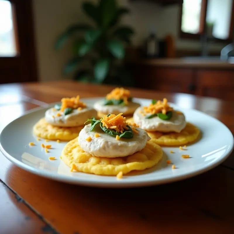 Arepa de yuca dorada y crujiente rellena de pescado gesto al coco, con trozos visibles de merluza en salsa cremosa de leche de coco, decorada con cilantro fresco y coco rallado. Plato servido en un tupper transparente sobre fondo de madera rústica.