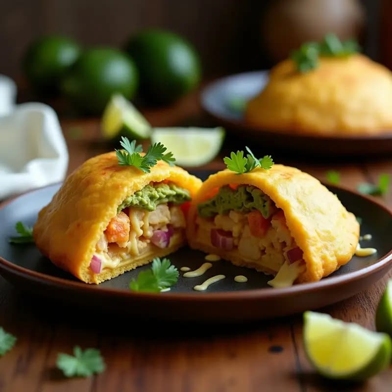 Arepa de yuca dorada y crujiente rellena de pollo al curry rojo con trozos de aguacate cremoso y cilantro fresco, servida en un plato de barro con fondo rústico.
