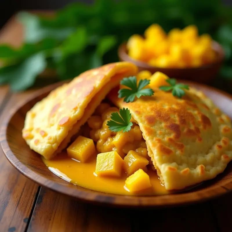 Arepa dorada de yuca abierta por la mitad, rellena de pollo al curry con trozos de mango maduro y cilantro fresco, sobre un plato de barro rústico con fondo de hojas de plátano.
